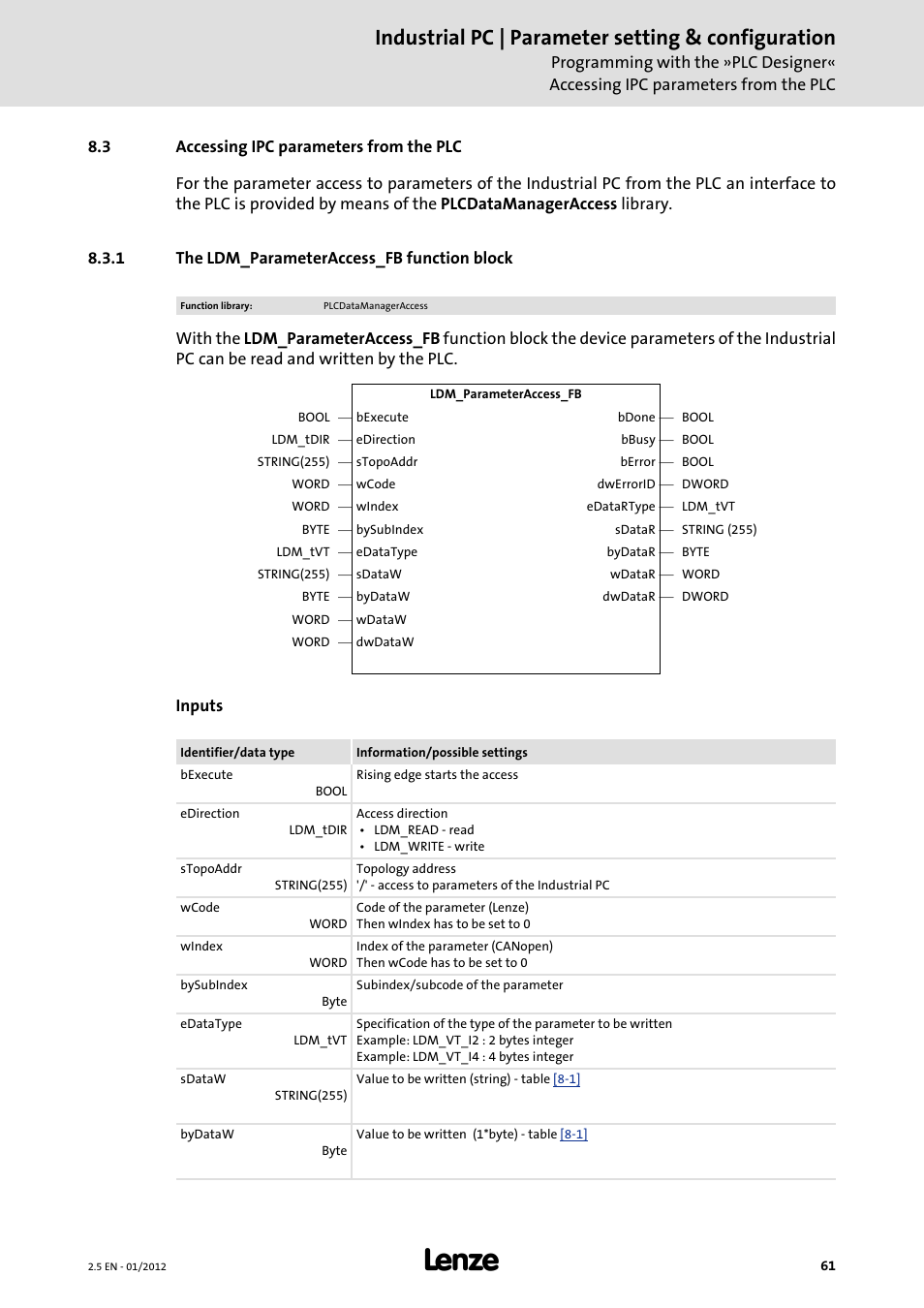 3 accessing ipc parameters from the plc, 1 the ldm_parameteraccess_fb function block, Industrial pc | parameter setting & configuration | Lenze PC-based Automation Industrial PC User Manual | Page 61 / 226