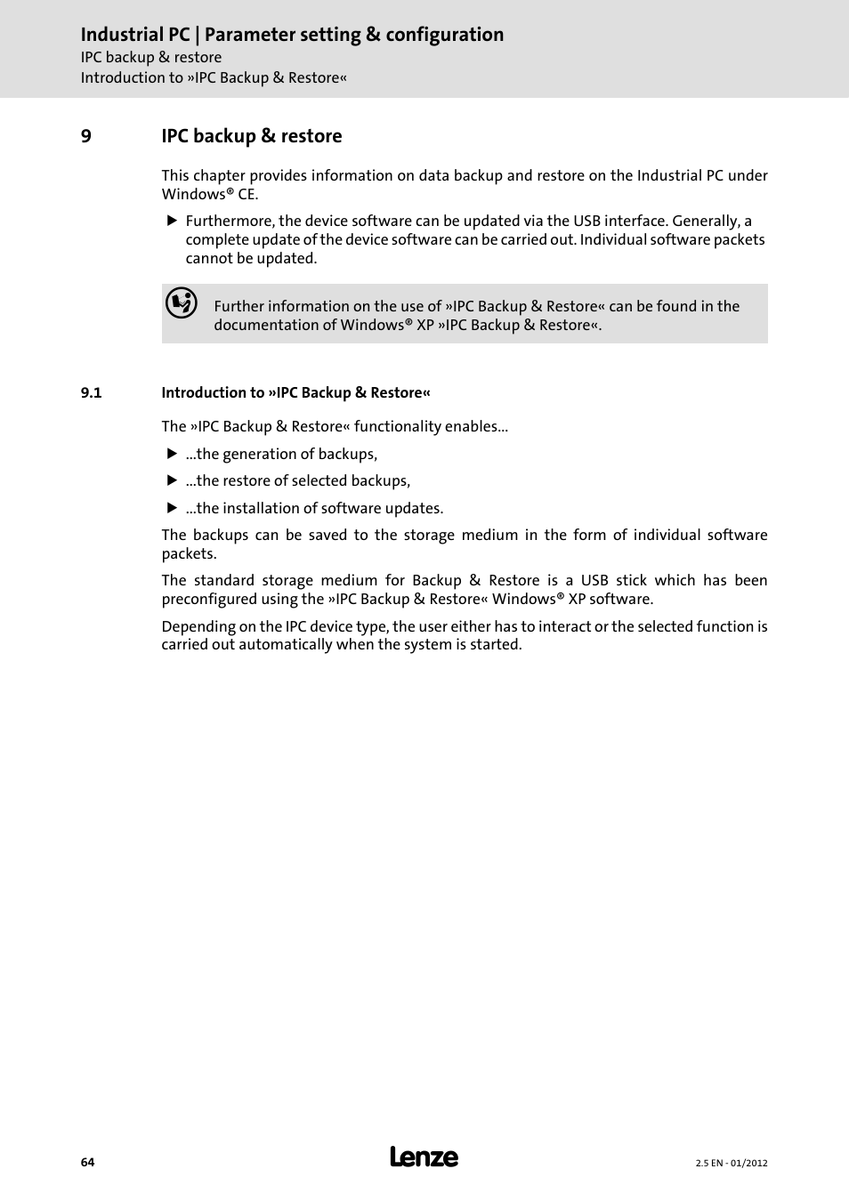 9 ipc backup & restore, 1 introduction to »ipc backup & restore, Ipc backup & restore | Lenze PC-based Automation Industrial PC User Manual | Page 64 / 226