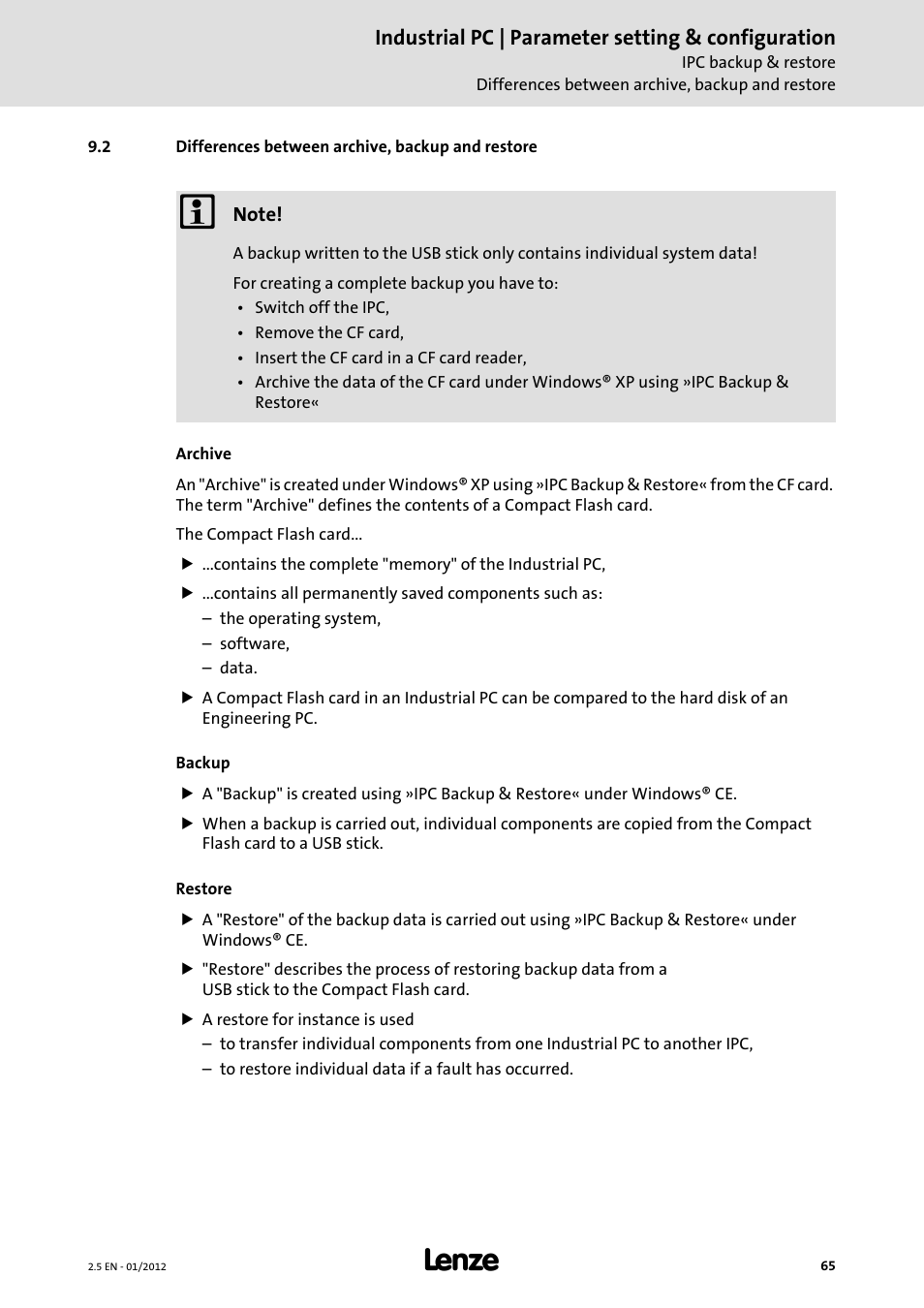 2 differences between archive, backup and restore, Industrial pc | parameter setting & configuration | Lenze PC-based Automation Industrial PC User Manual | Page 65 / 226