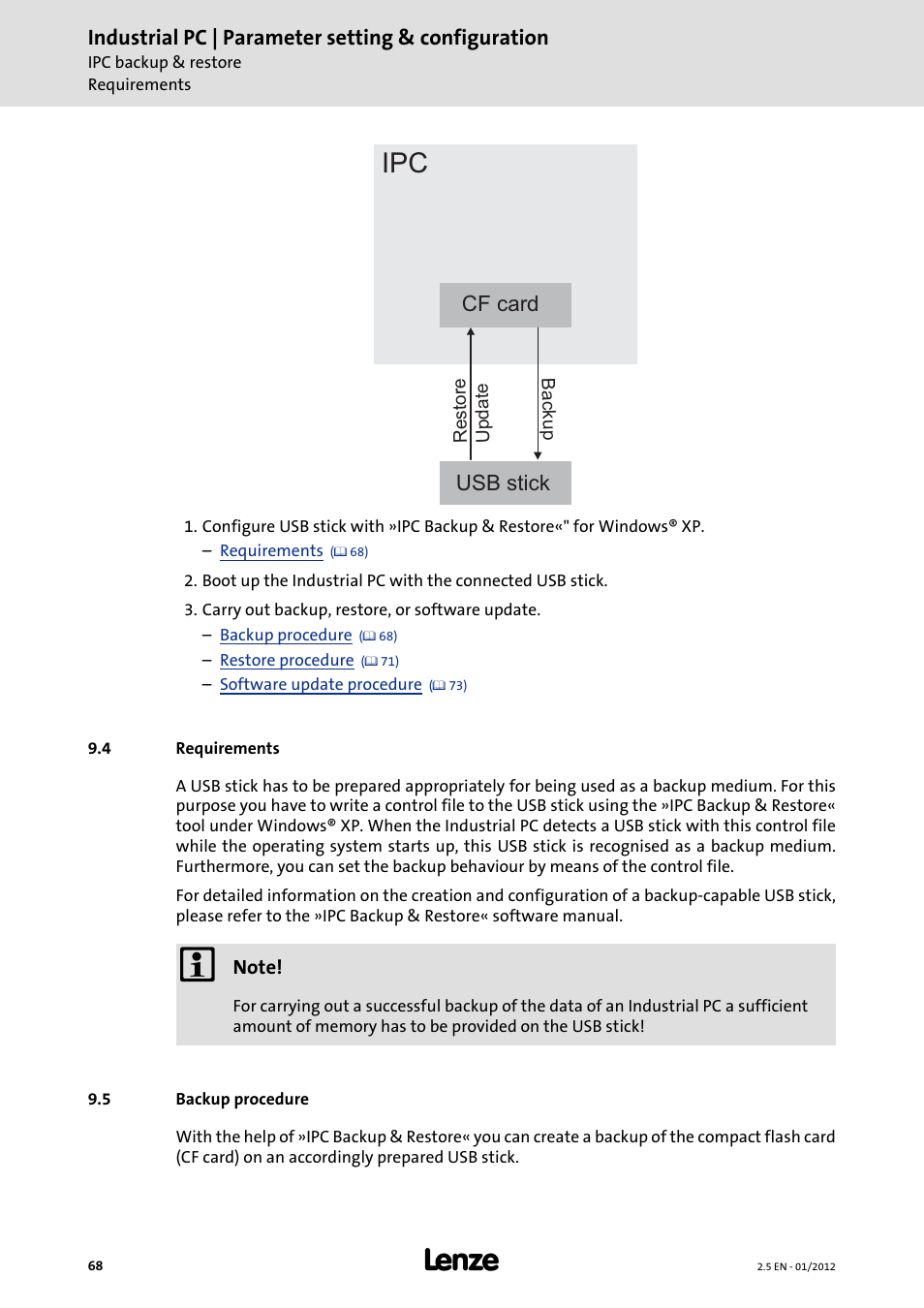 4 requirements, 5 backup procedure, Industrial pc | parameter setting & configuration | Usb stick, Cf card | Lenze PC-based Automation Industrial PC User Manual | Page 68 / 226