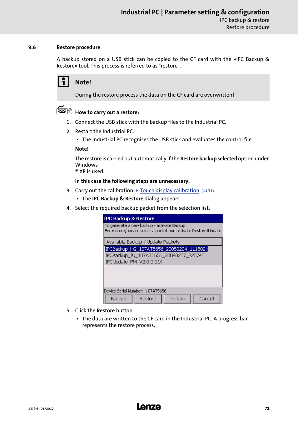 6 restore procedure, Restore procedure | Lenze PC-based Automation Industrial PC User Manual | Page 71 / 226