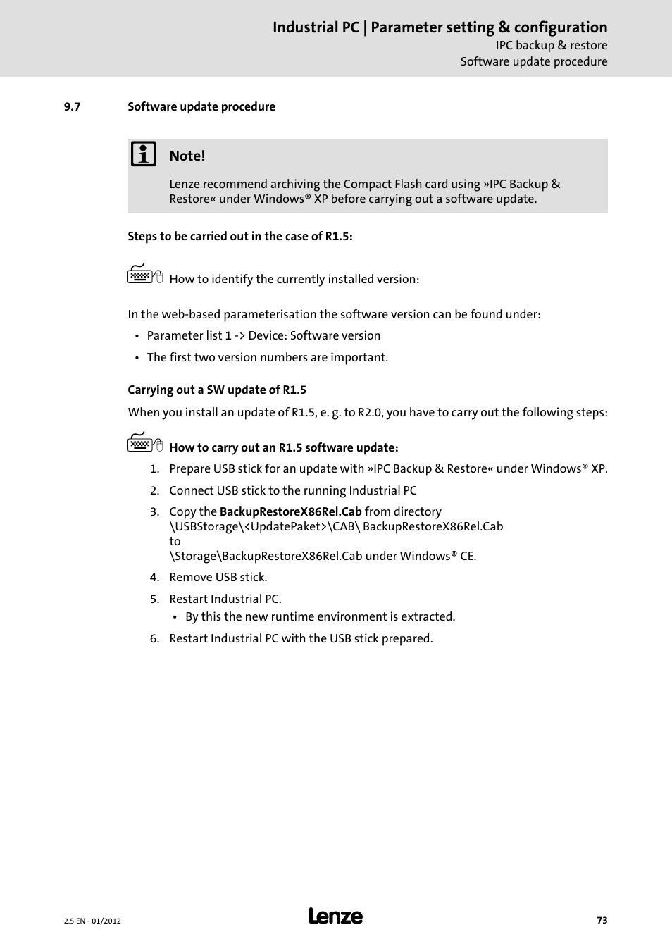 7 software update procedure, Software update procedure | Lenze PC-based Automation Industrial PC User Manual | Page 73 / 226