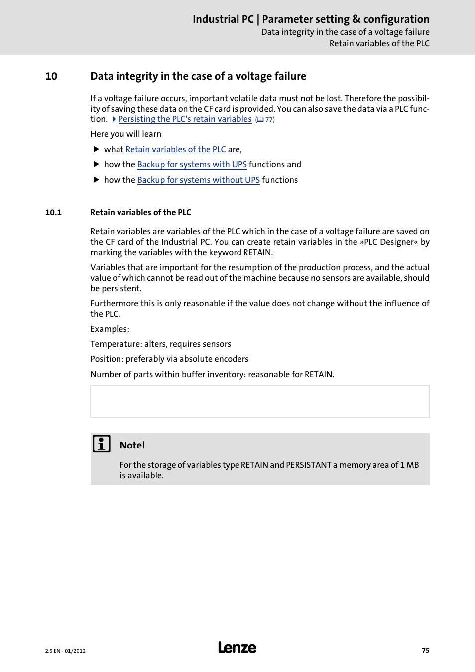 10 data integrity in the case of a voltage failure, 1 retain variables of the plc, Data integrity in the case of a voltage failure | Industrial pc | parameter setting & configuration | Lenze PC-based Automation Industrial PC User Manual | Page 75 / 226