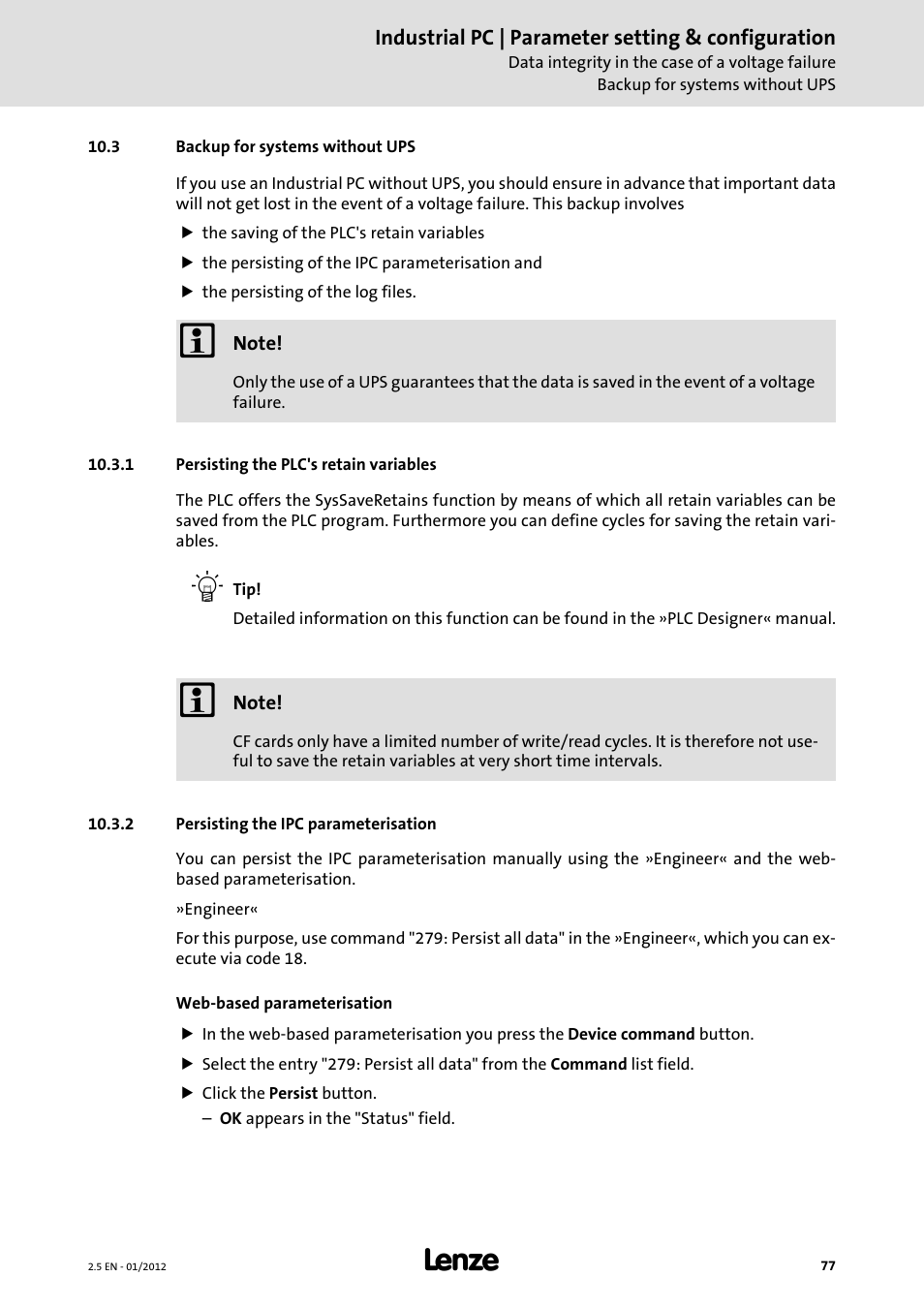 3 backup for systems without ups, 1 persisting the plc's retain variables, 2 persisting the ipc parameterisation | Tion, Persisting the plc's retain variables, Backup for systems without ups, Functions | Lenze PC-based Automation Industrial PC User Manual | Page 77 / 226