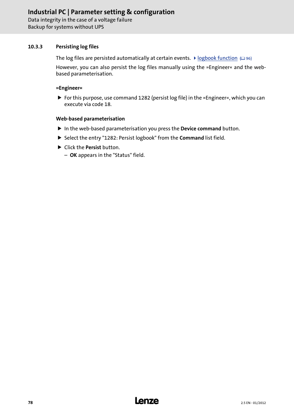 3 persisting log files, Industrial pc | parameter setting & configuration | Lenze PC-based Automation Industrial PC User Manual | Page 78 / 226