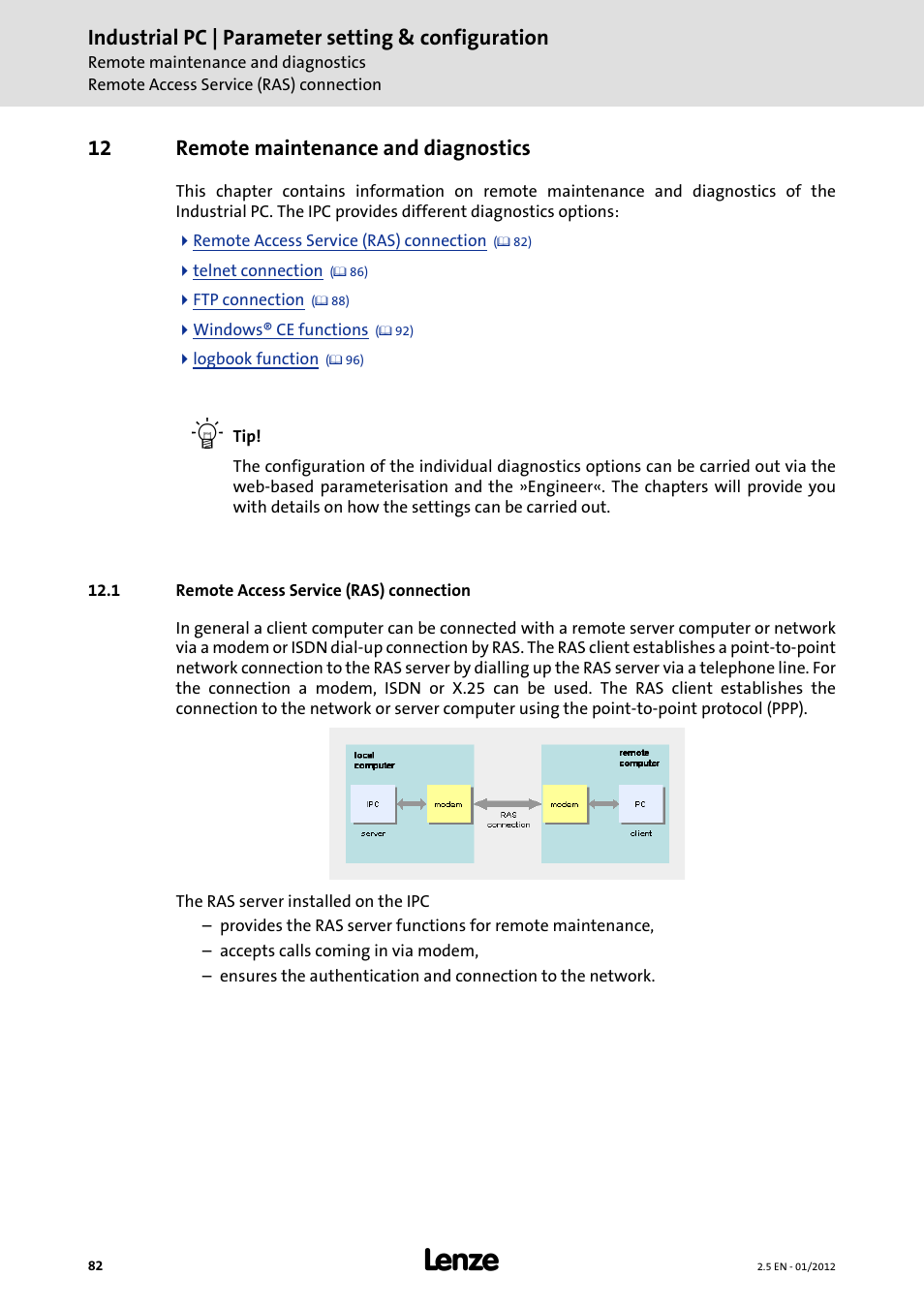 12 remote maintenance and diagnostics, 1 remote access service (ras) connection, Remote maintenance and diagnostics | Remote maintenance and, Diagnostics, Remote access service (ras) connection, Industrial pc | parameter setting & configuration | Lenze PC-based Automation Industrial PC User Manual | Page 82 / 226