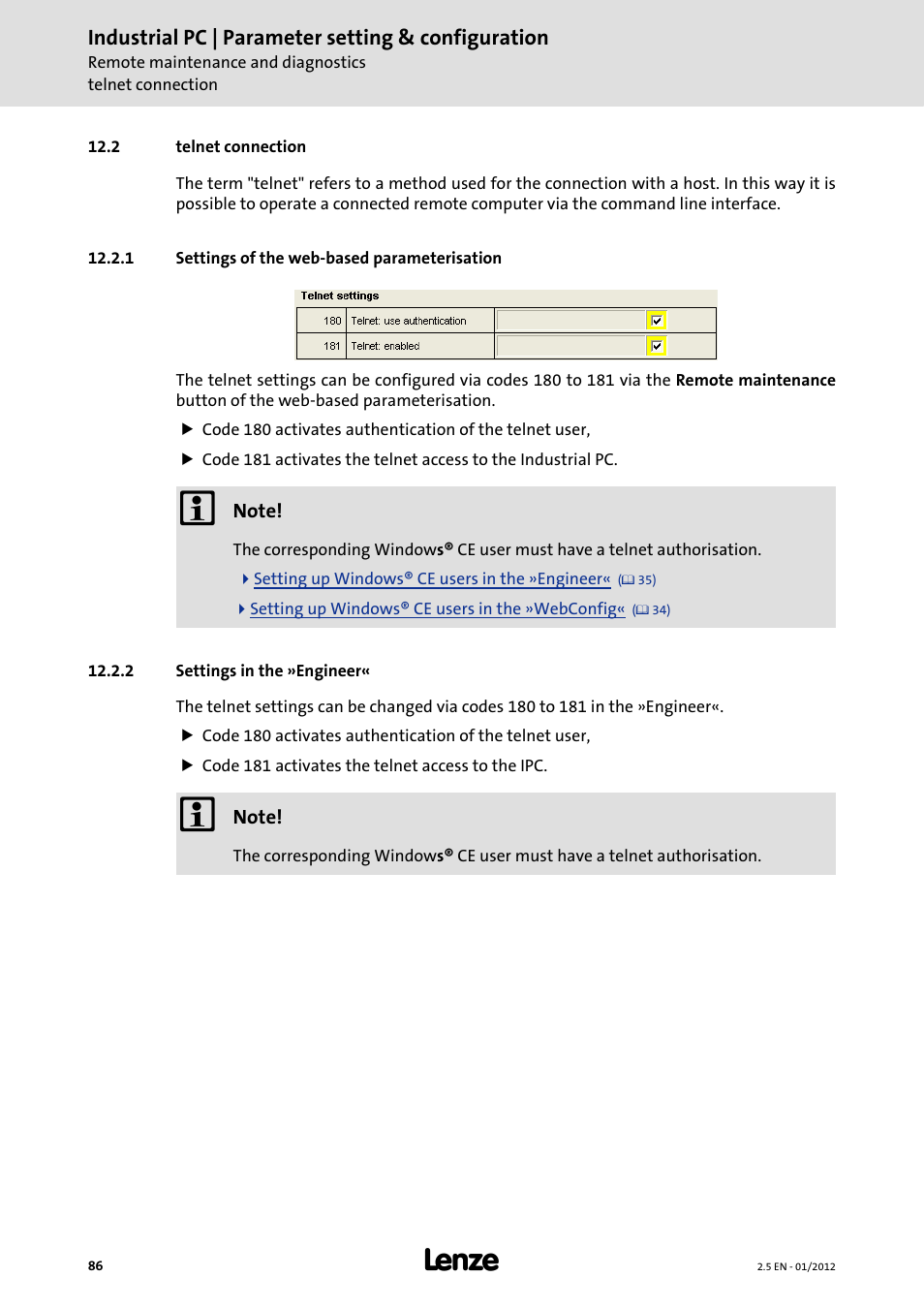 2 telnet connection, 1 settings of the web-based parameterisation, 2 settings in the »engineer | Settings in the »engineer, Telnet connection, Settings of the web-based parameterisation ( 86) | Lenze PC-based Automation Industrial PC User Manual | Page 86 / 226