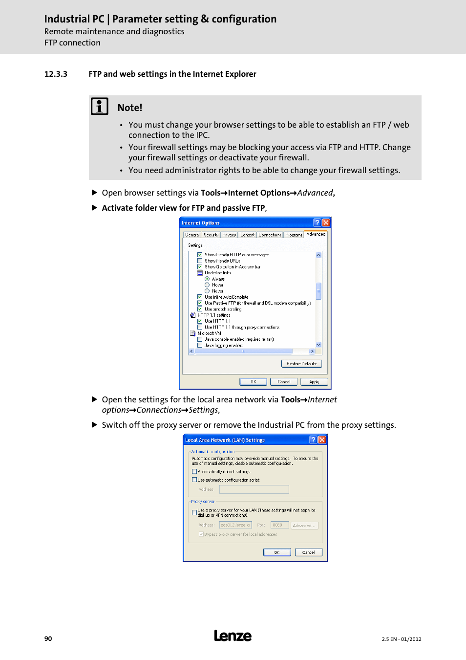 3 ftp and web settings in the internet explorer | Lenze PC-based Automation Industrial PC User Manual | Page 90 / 226