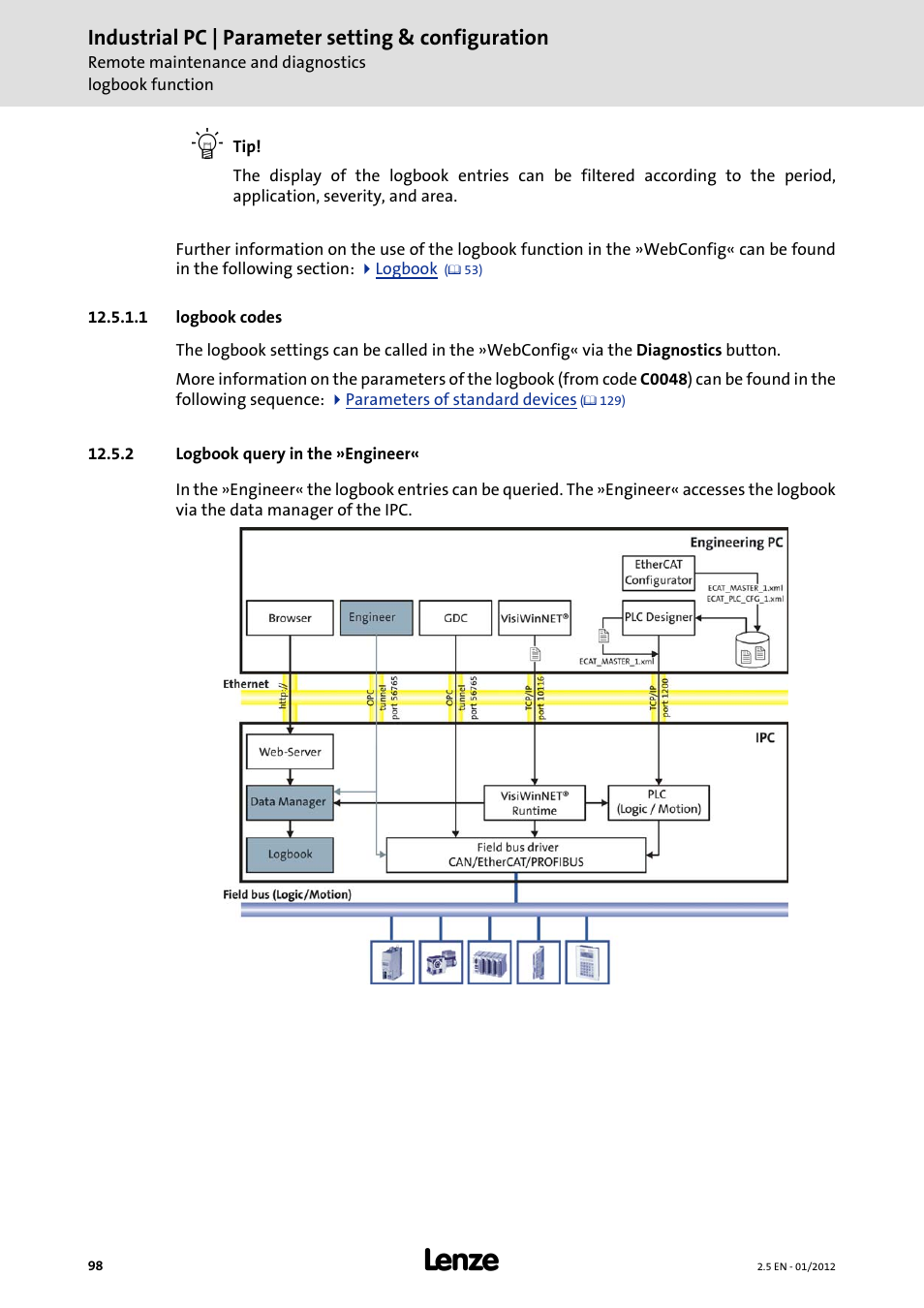 1 logbook codes, 2 logbook query in the »engineer, Logbook query in the »engineer | Industrial pc | parameter setting & configuration | Lenze PC-based Automation Industrial PC User Manual | Page 98 / 226