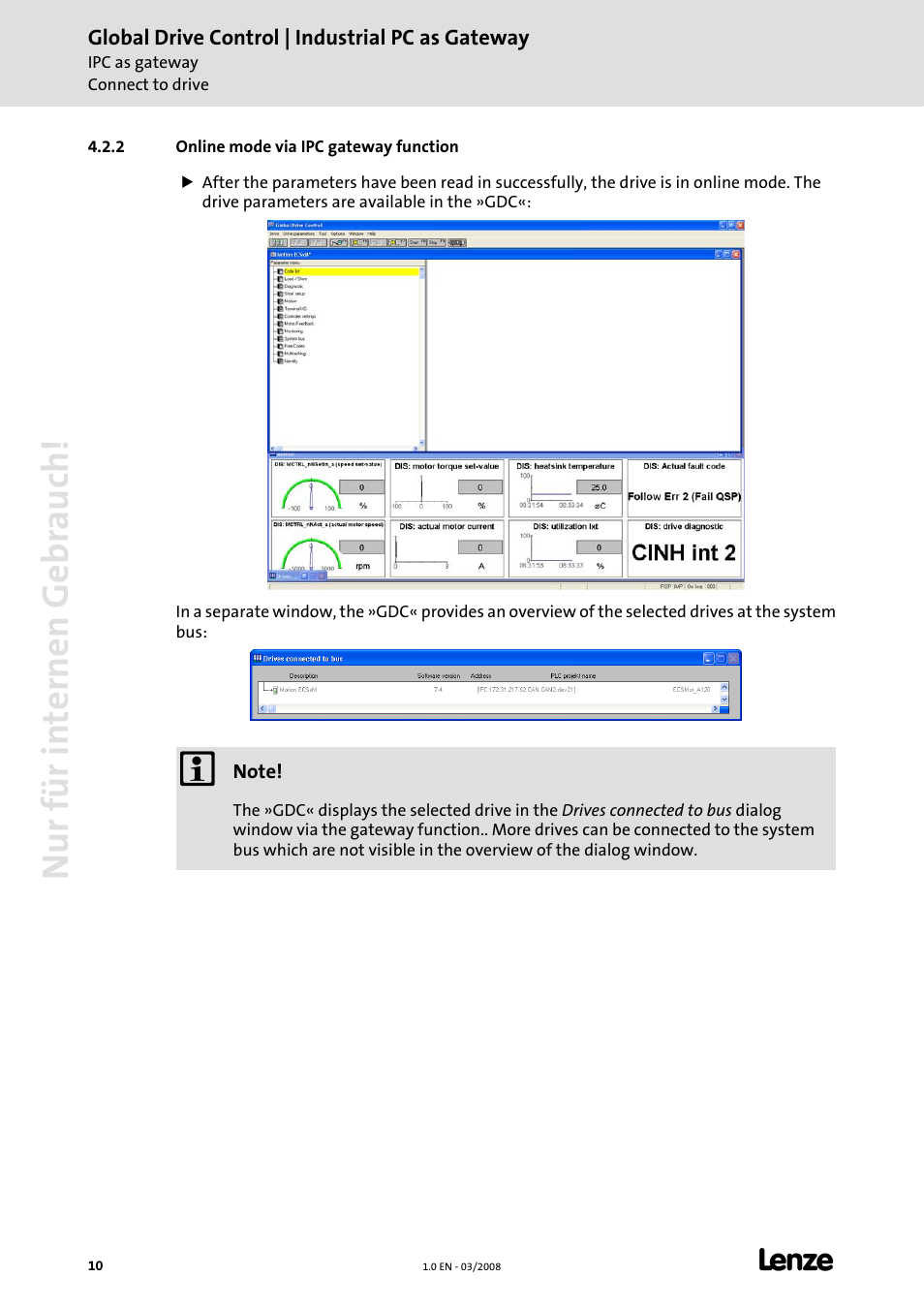 2 online mode via ipc gateway function, Nur für internen gebrauch | Lenze Global Drive Control (GDC) User Manual | Page 10 / 12