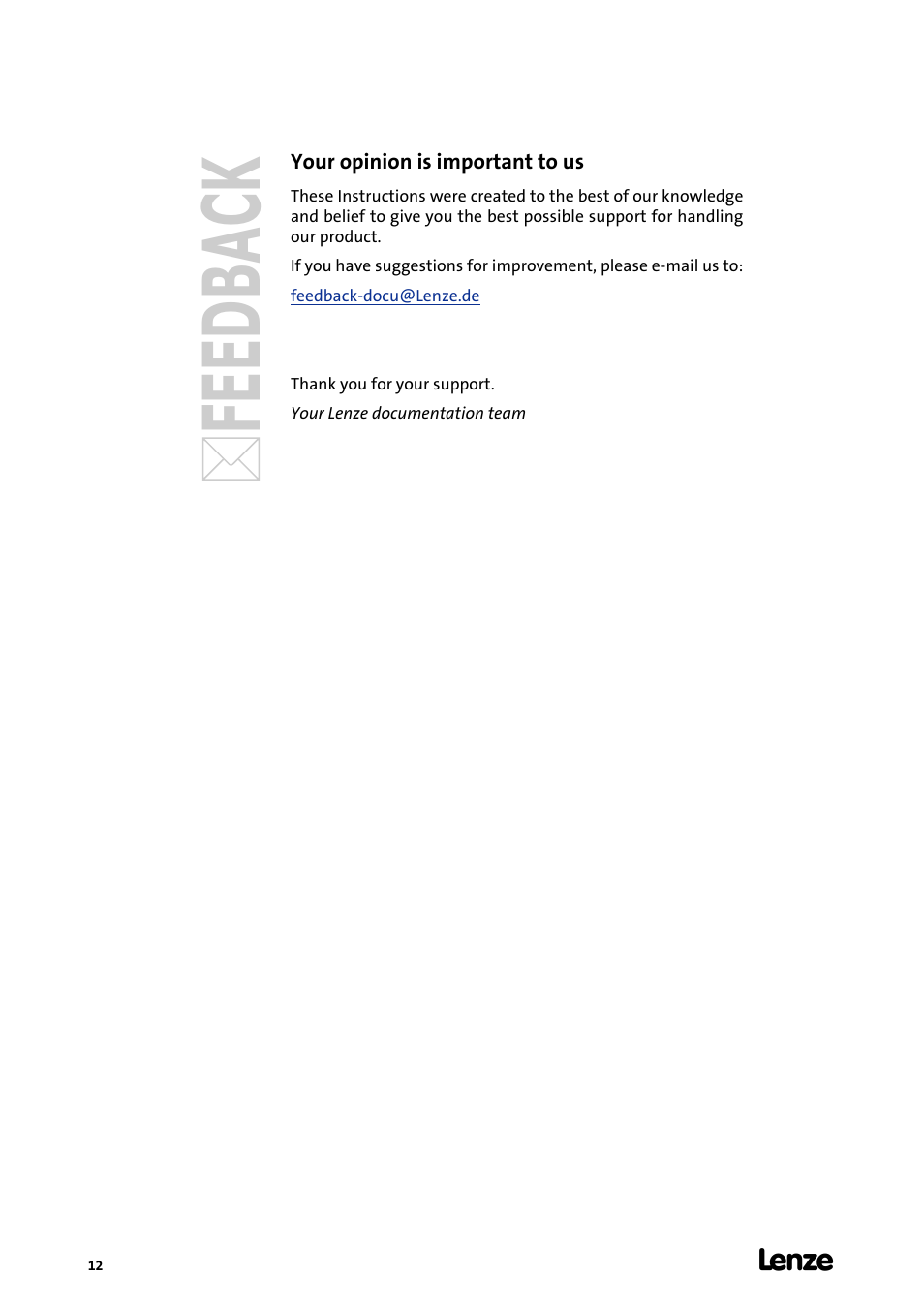 Your opinion is important to us | Lenze Global Drive Control (GDC) User Manual | Page 12 / 12