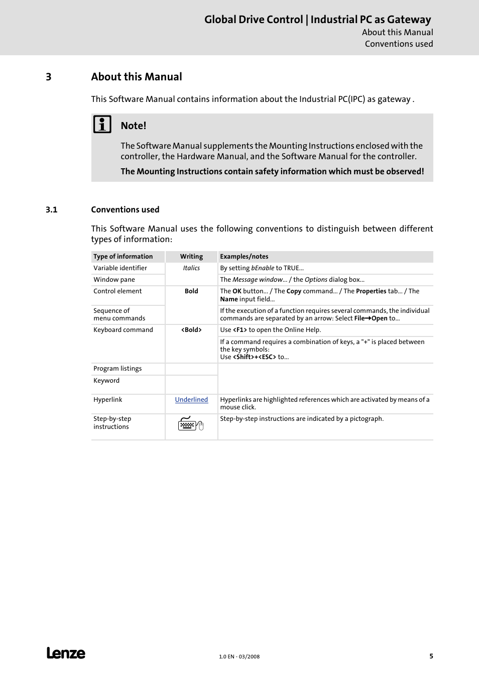3 about this manual, 1 conventions used, About this manual | Global drive control | industrial pc as gateway, 3about this manual | Lenze Global Drive Control (GDC) User Manual | Page 5 / 12
