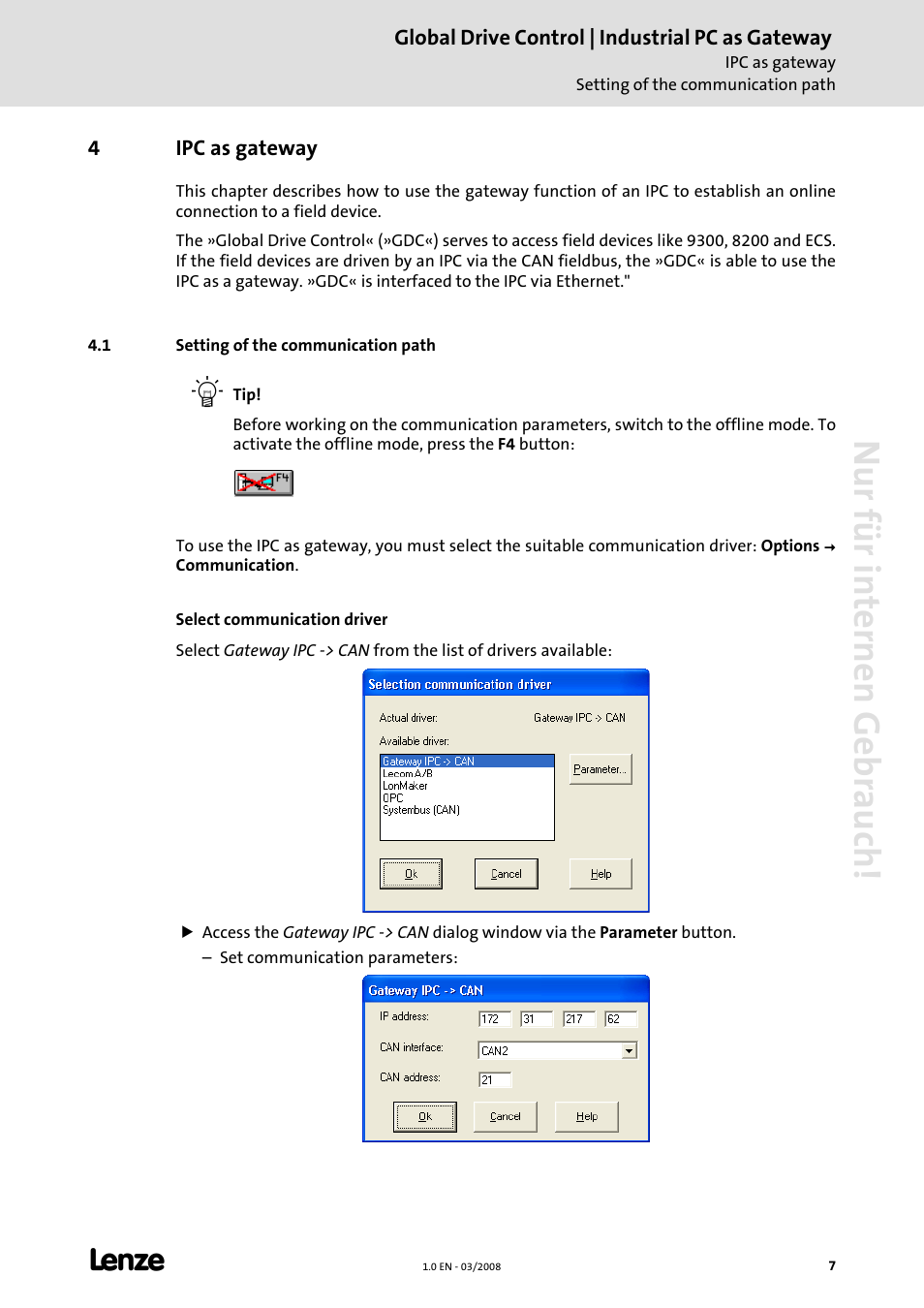 4 ipc as gateway, 1 setting of the communication path, Ipc as gateway | Nur für internen gebrauch | Lenze Global Drive Control (GDC) User Manual | Page 7 / 12