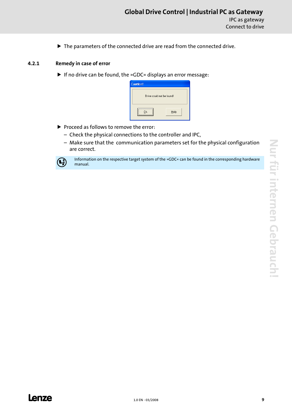 1 remedy in case of error, Nur für internen gebrauch | Lenze Global Drive Control (GDC) User Manual | Page 9 / 12