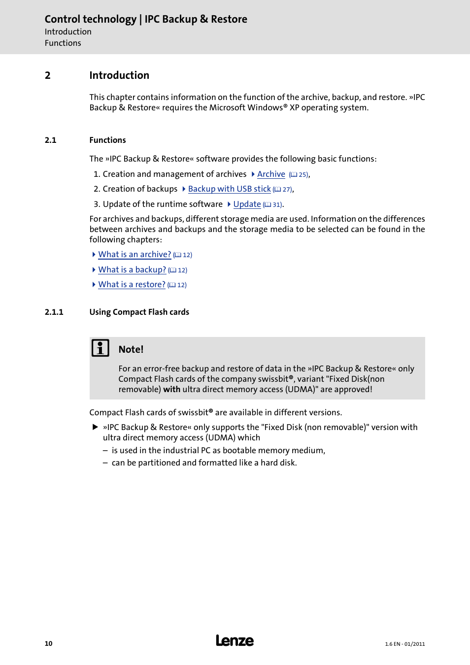 2 introduction, 1 functions, 1 using compact flash cards | Introduction, Control technology | ipc backup & restore, 2introduction | Lenze Backup + Restore__Backup+Restore (PC-based) User Manual | Page 10 / 40