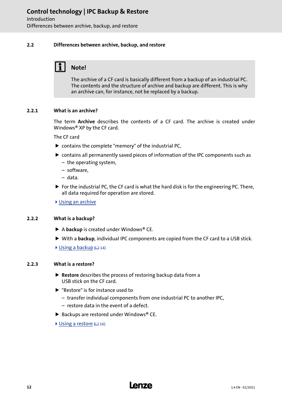 2 differences between archive, backup, and restore, 1 what is an archive, 2 what is a backup | 3 what is a restore, What is an archive, What is a backup, What is a restore, Control technology | ipc backup & restore | Lenze Backup + Restore__Backup+Restore (PC-based) User Manual | Page 12 / 40