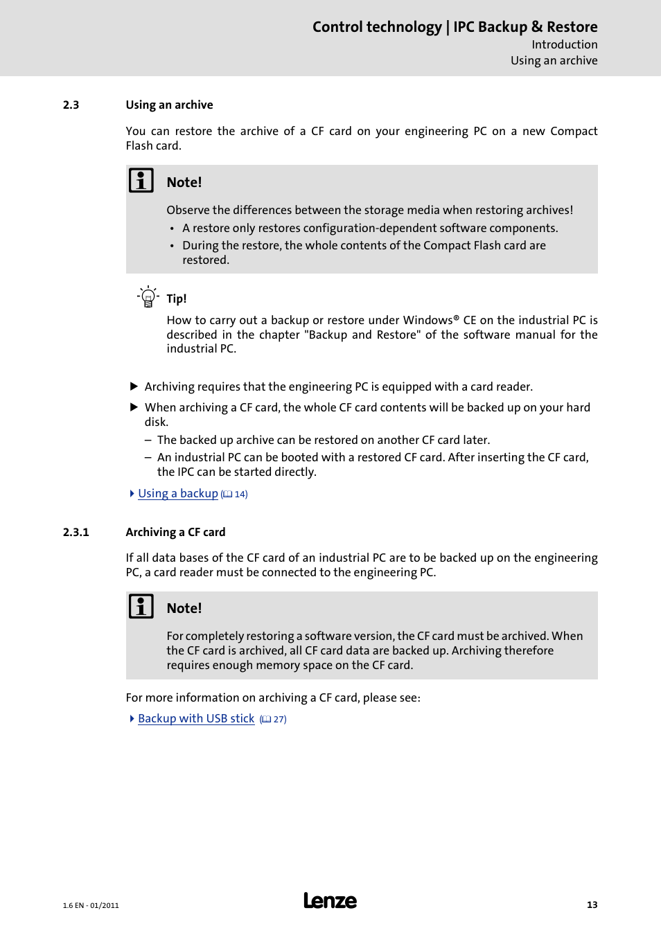 3 using an archive, 1 archiving a cf card, Using an archive | Lenze Backup + Restore__Backup+Restore (PC-based) User Manual | Page 13 / 40