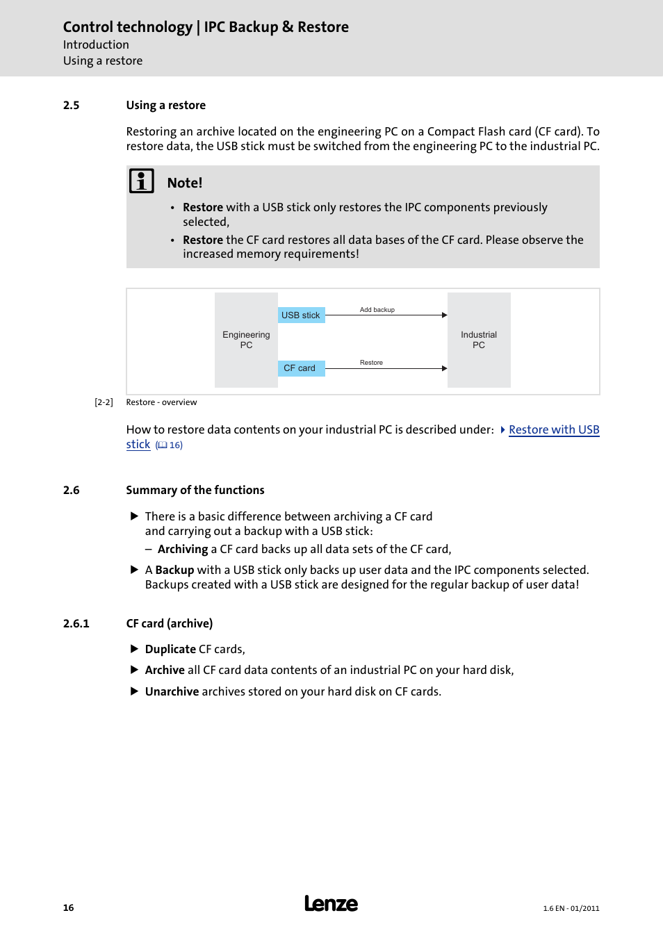 5 using a restore, 6 summary of the functions, 1 cf card (archive) | Using a restore, Control technology | ipc backup & restore | Lenze Backup + Restore__Backup+Restore (PC-based) User Manual | Page 16 / 40