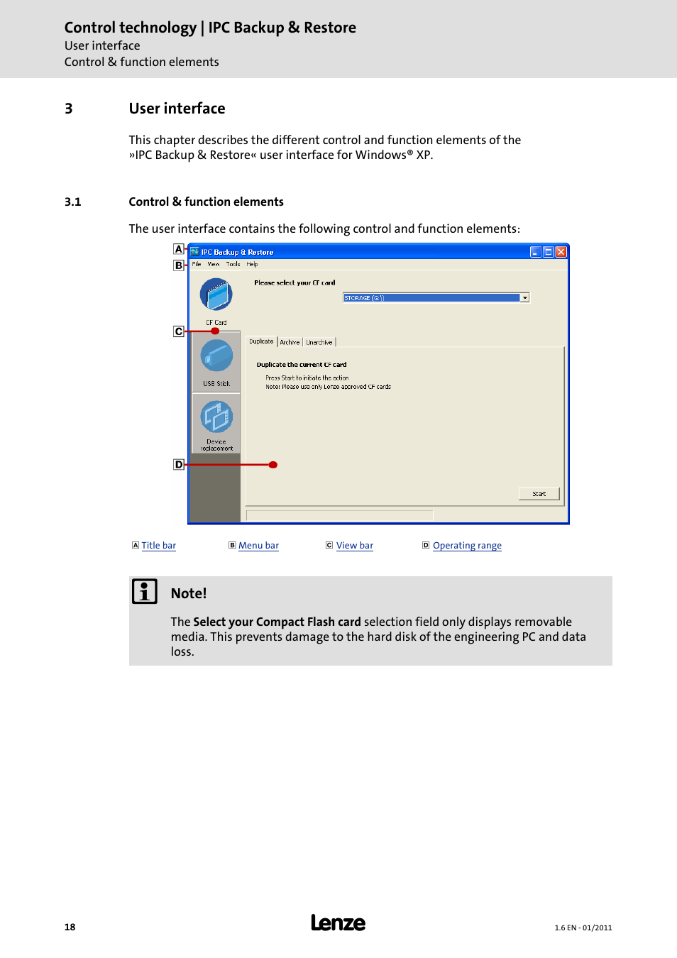 3 user interface, 1 control & function elements, User interface | Control technology | ipc backup & restore, 3user interface | Lenze Backup + Restore__Backup+Restore (PC-based) User Manual | Page 18 / 40