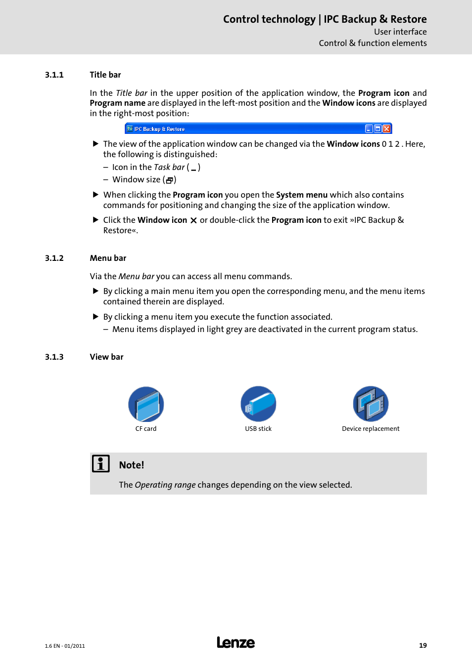 1 title bar, 2 menu bar, 3 view bar | Title bar, Menu bar, View bar, Control technology | ipc backup & restore | Lenze Backup + Restore__Backup+Restore (PC-based) User Manual | Page 19 / 40