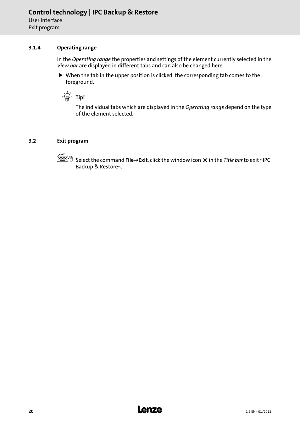 4 operating range, 2 exit program, Exit program | Operating range | Lenze Backup + Restore__Backup+Restore (PC-based) User Manual | Page 20 / 40