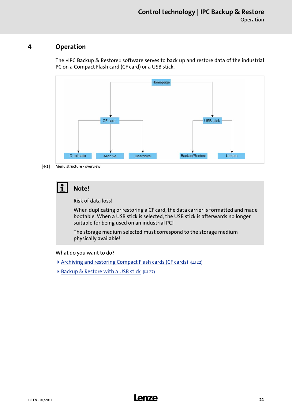 4 operation, Operation | Lenze Backup + Restore__Backup+Restore (PC-based) User Manual | Page 21 / 40