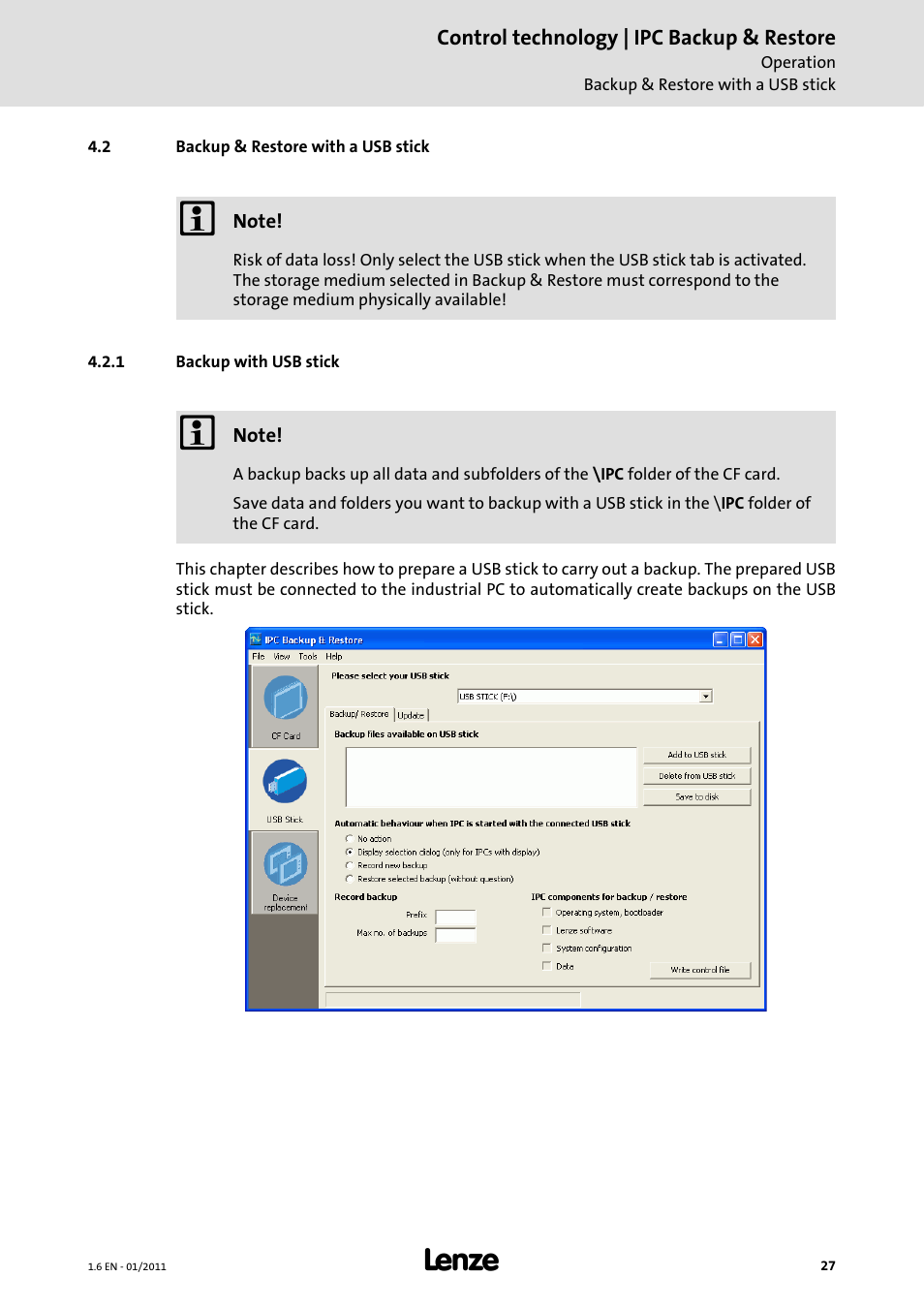 2 backup & restore with a usb stick, 1 backup with usb stick, Backup with usb stick | Backup with, Usb stick, Backup & restore with a usb stick | Lenze Backup + Restore__Backup+Restore (PC-based) User Manual | Page 27 / 40