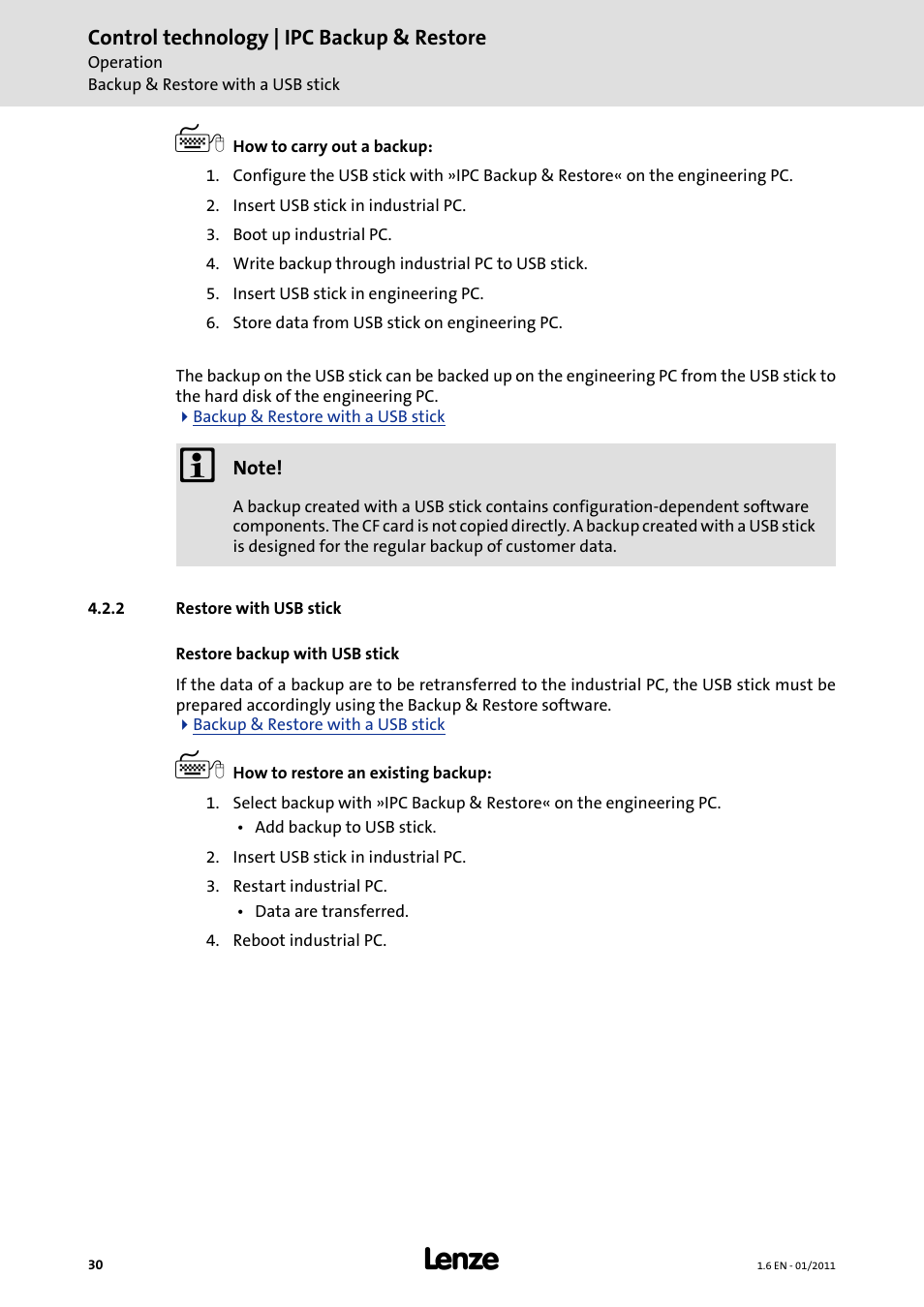 2 restore with usb stick, Restore with usb, Stick | Lenze Backup + Restore__Backup+Restore (PC-based) User Manual | Page 30 / 40