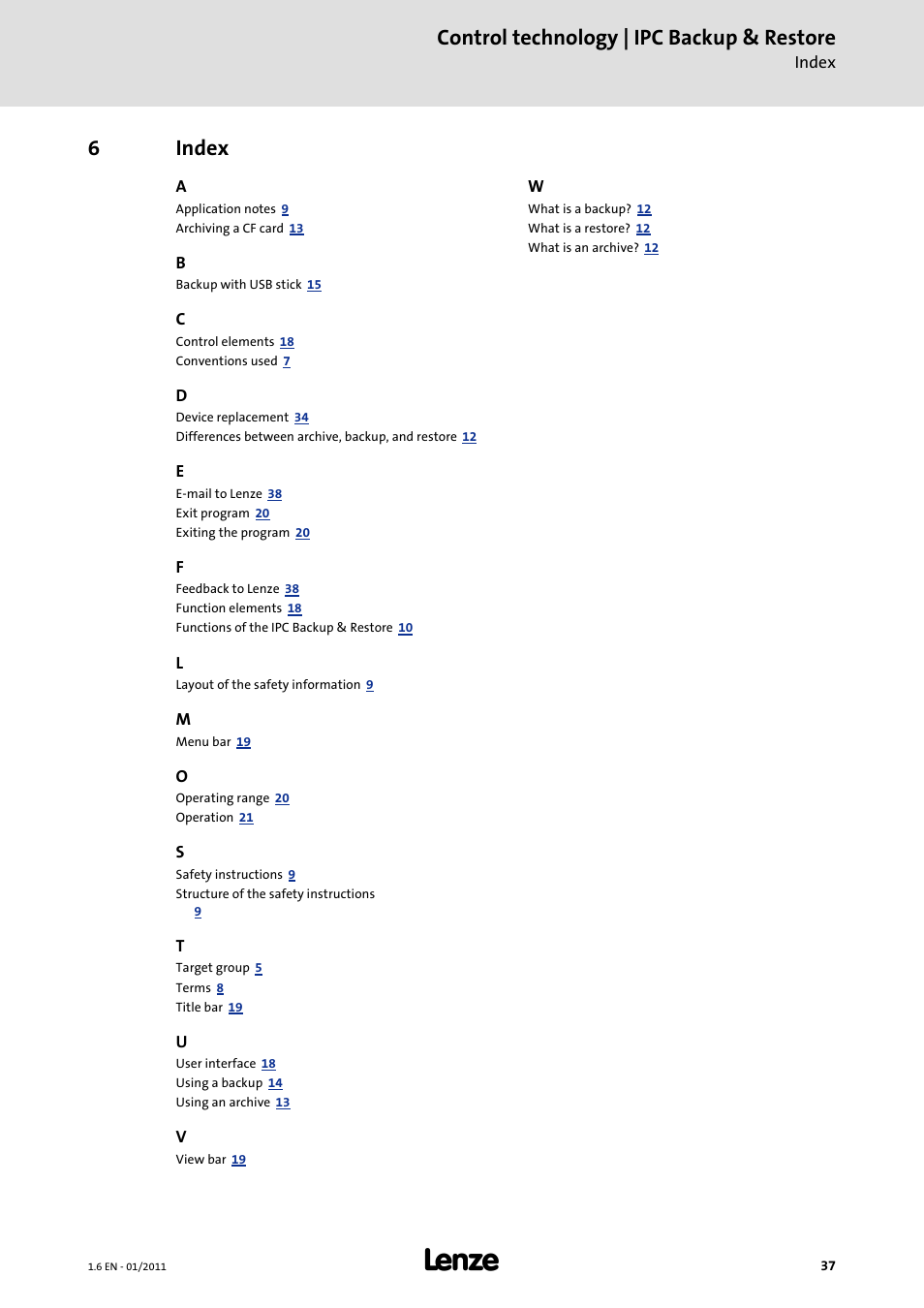 6 index, Index, Control technology | ipc backup & restore | 6index | Lenze Backup + Restore__Backup+Restore (PC-based) User Manual | Page 37 / 40