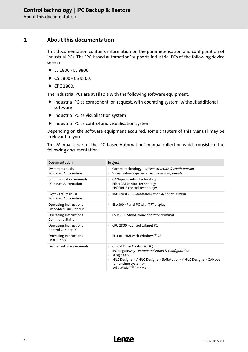 1 about this documentation, About this documentation, Control technology | ipc backup & restore | 1about this documentation | Lenze Backup + Restore__Backup+Restore (PC-based) User Manual | Page 4 / 40