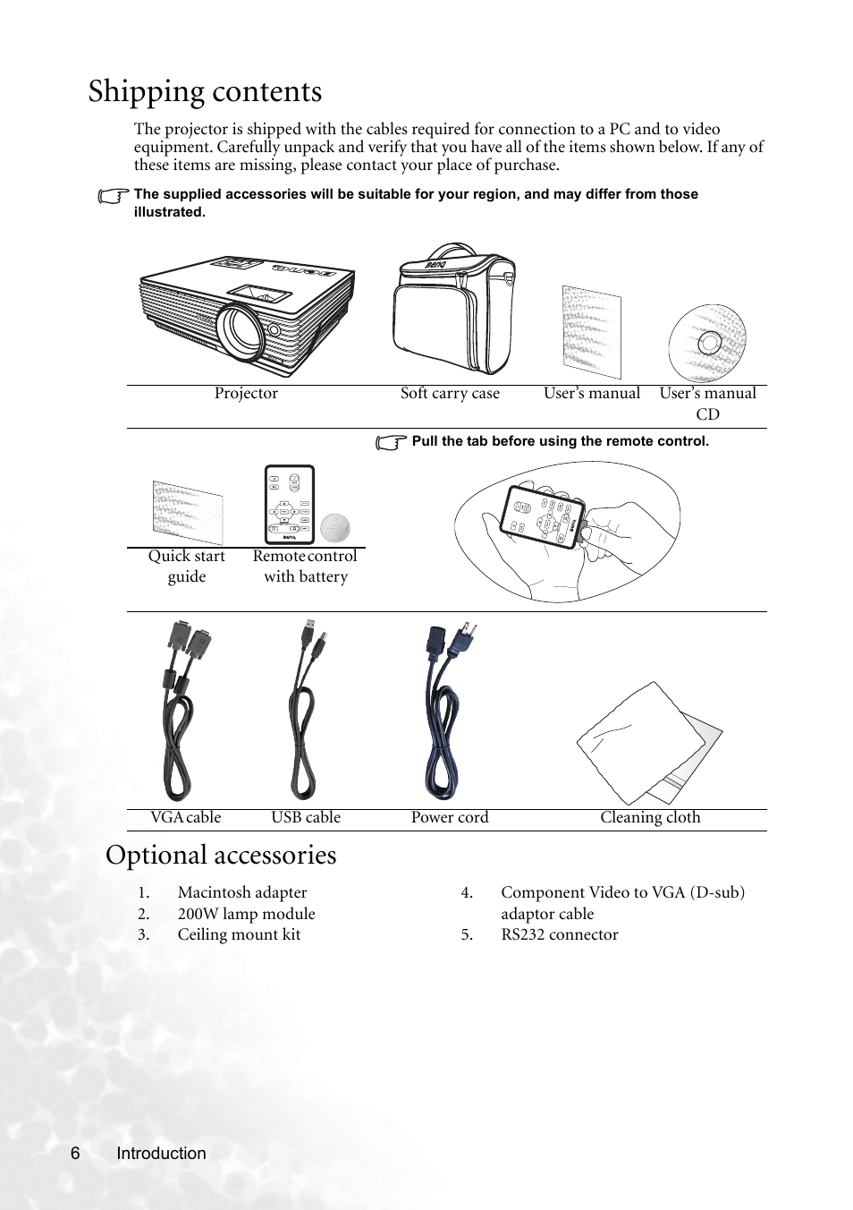 Shipping contents, Optional accessories | BenQ MP620p User Manual | Page 12 / 55