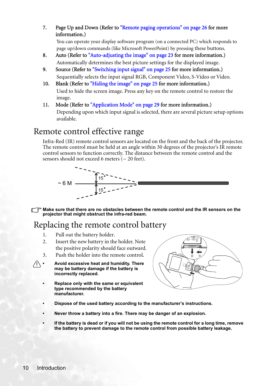 Remote control effective range, Replacing the remote control battery | BenQ MP620p User Manual | Page 16 / 55