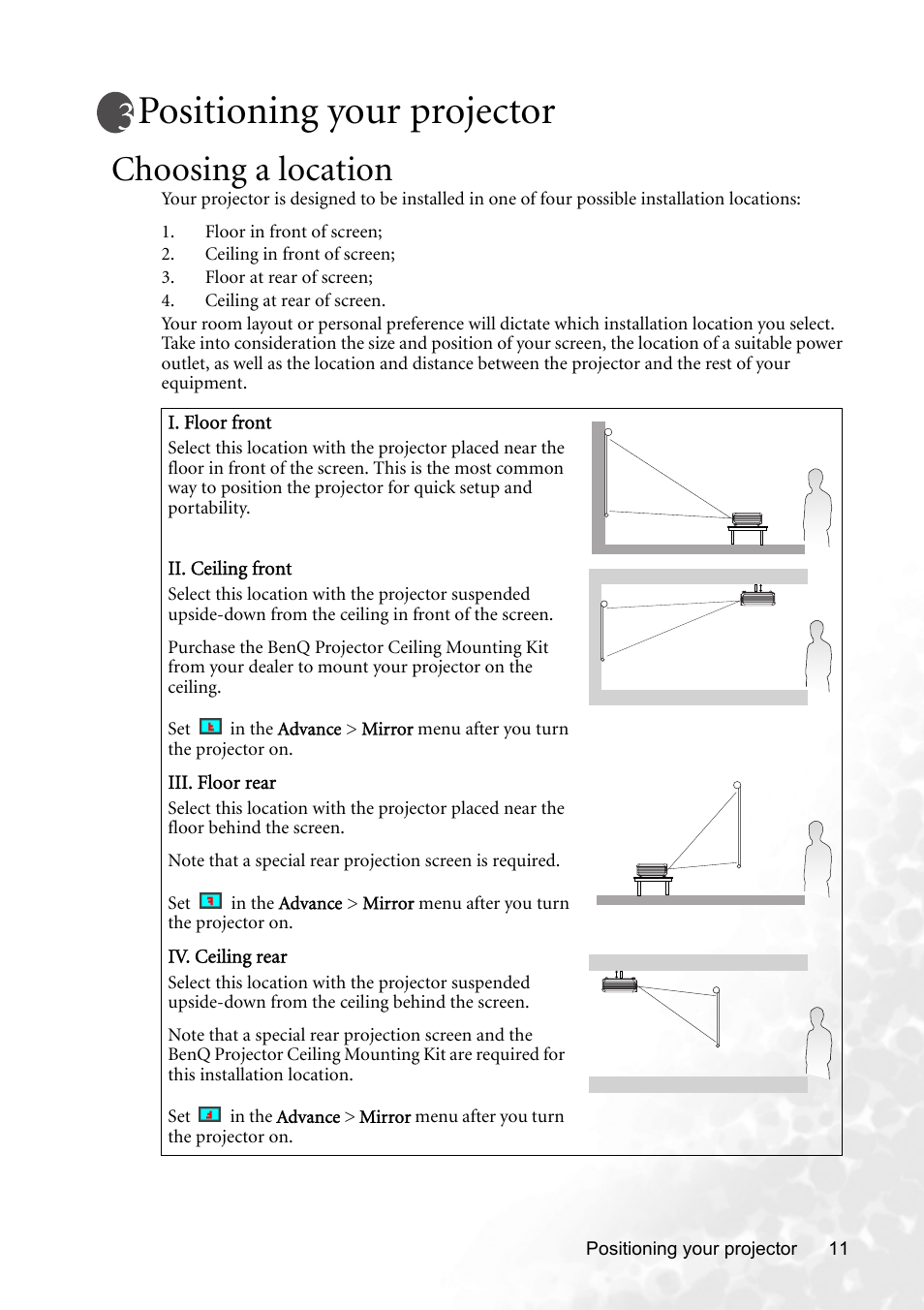 Positioning your projector, Choosing a location | BenQ MP620p User Manual | Page 17 / 55