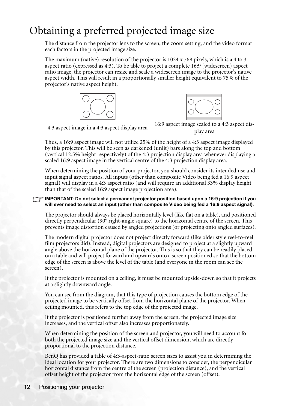 Obtaining a preferred projected image size | BenQ MP620p User Manual | Page 18 / 55