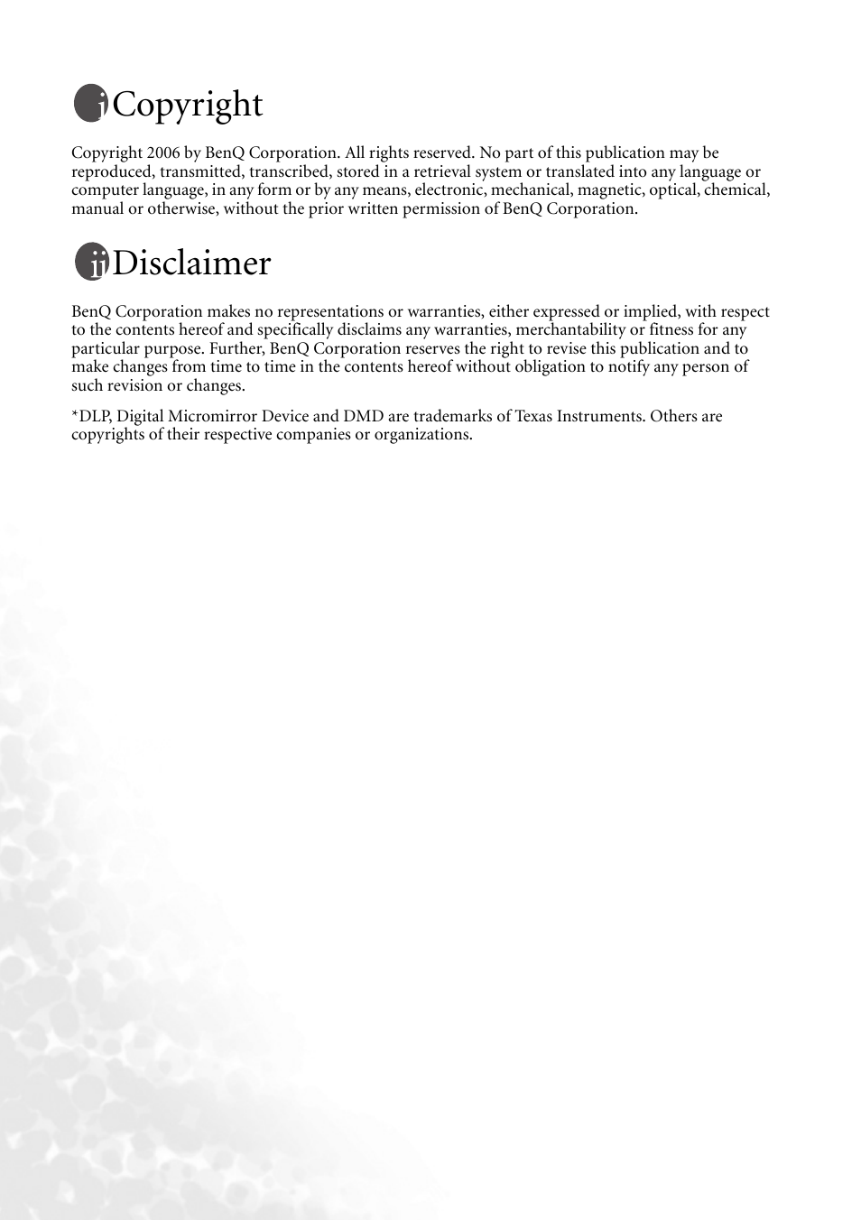 Copyright, Disclaimer | BenQ MP620p User Manual | Page 2 / 55