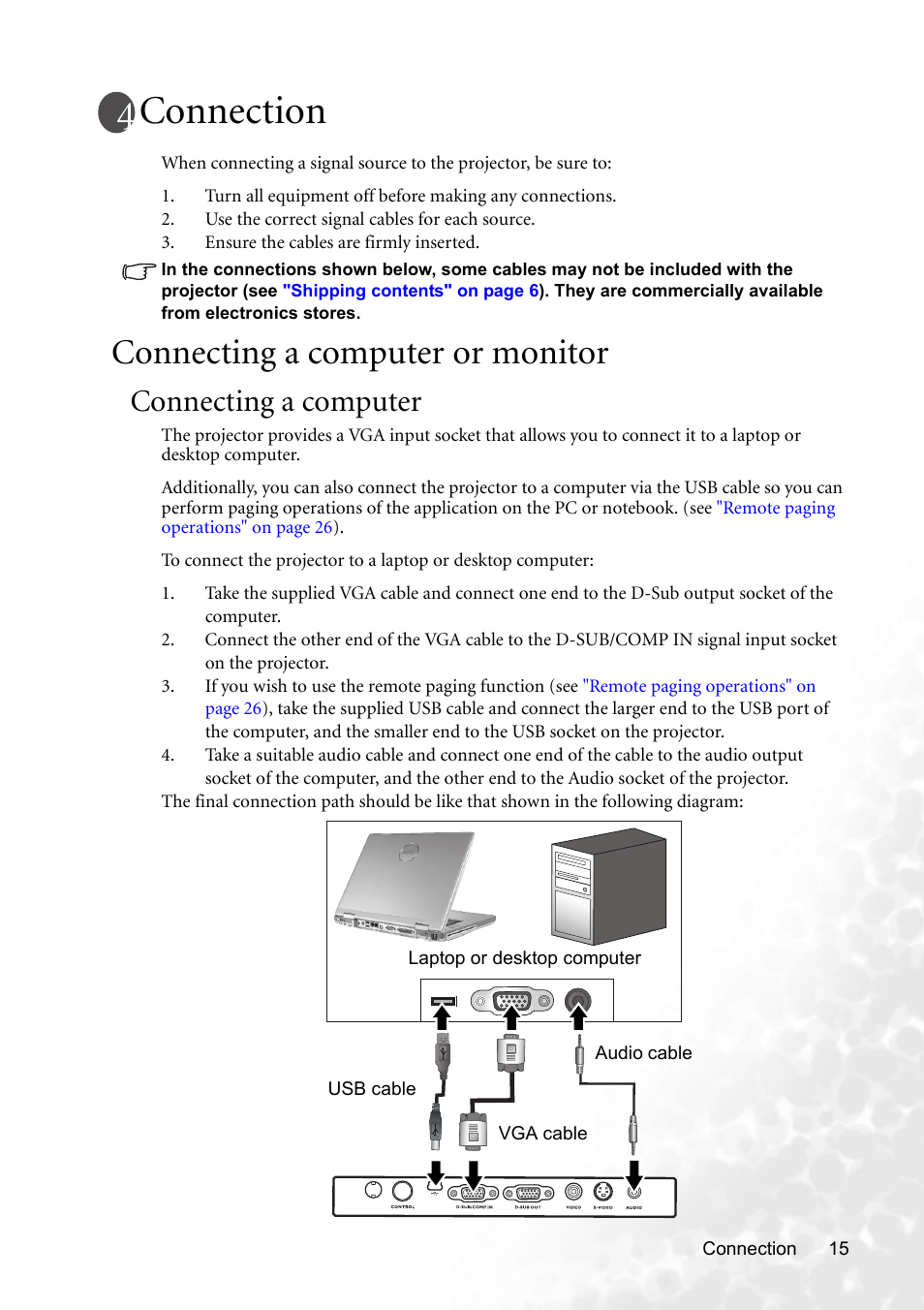 Connection, Connecting a computer or monitor, Connecting a computer | BenQ MP620p User Manual | Page 21 / 55