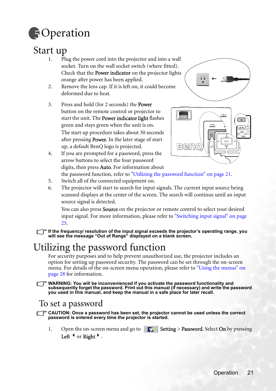 Operation, Start up, Utilizing the password function | To set a password, Start up utilizing the password function | BenQ MP620p User Manual | Page 27 / 55