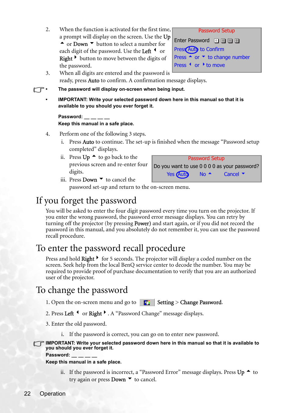 If you forget the password, To enter the password recall procedure, To change the password | BenQ MP620p User Manual | Page 28 / 55