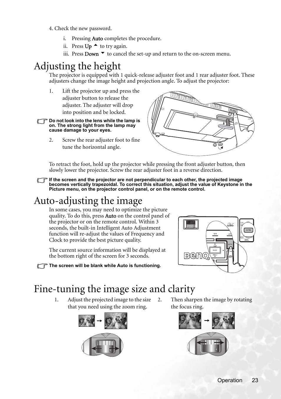 Adjusting the height, Auto-adjusting the image, Fine-tuning the image size and clarity | Adjusting the height auto-adjusting the image, Efer to | BenQ MP620p User Manual | Page 29 / 55