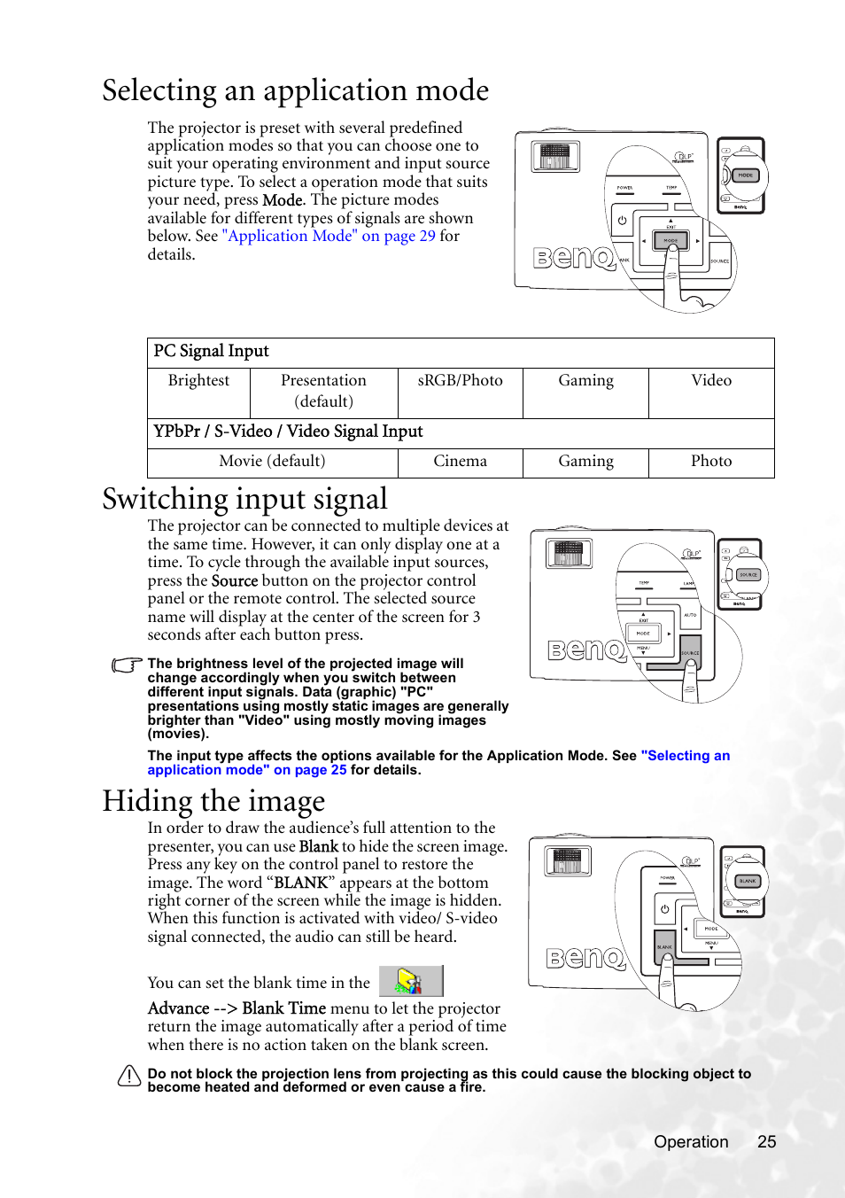 Selecting an application mode, Switching input signal, Hiding the image | BenQ MP620p User Manual | Page 31 / 55
