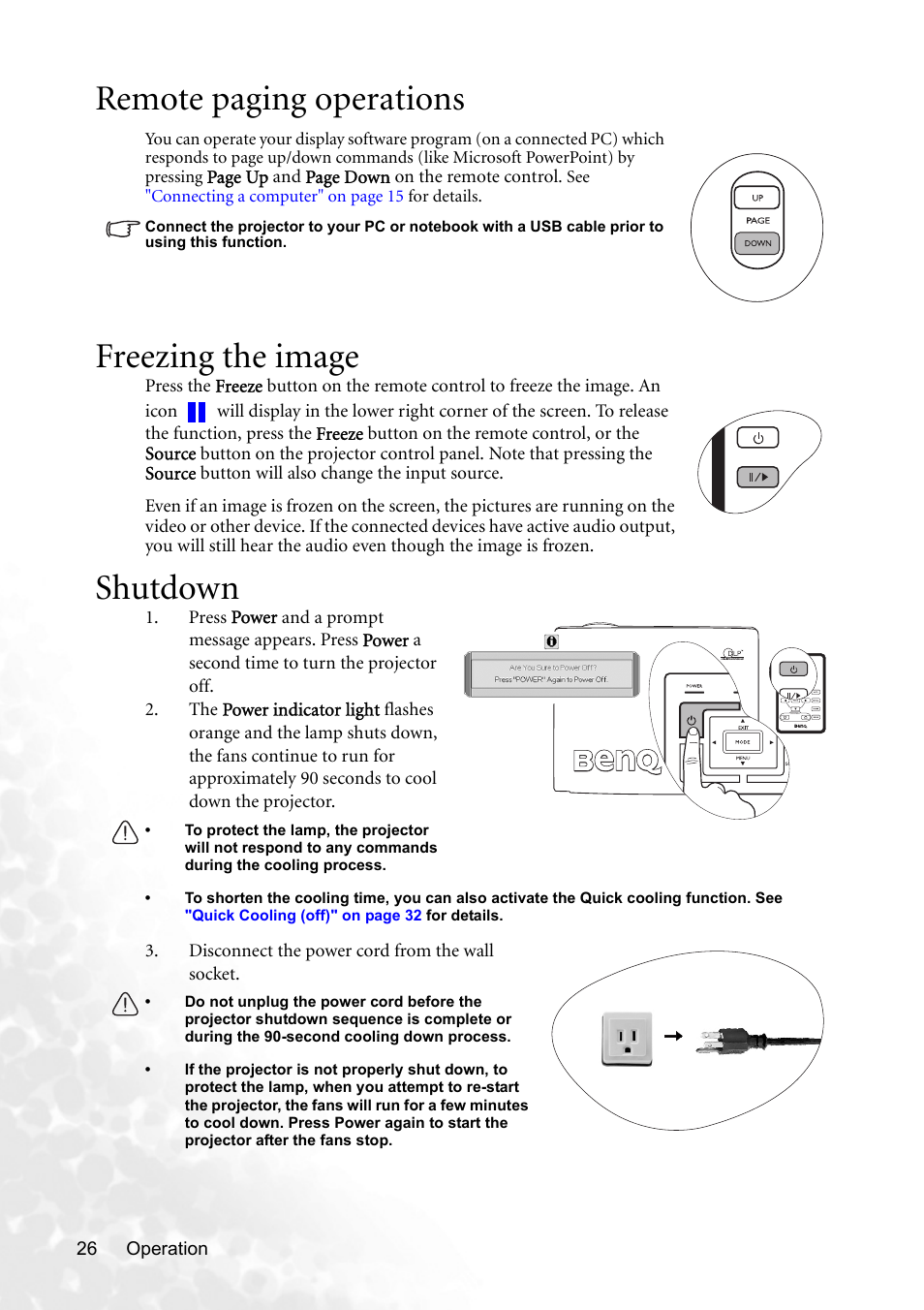 Remote paging operations, Freezing the image, Shutdown | Remote paging, Remote paging operations" on | BenQ MP620p User Manual | Page 32 / 55