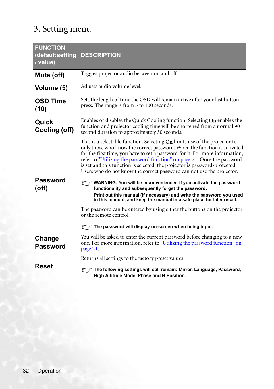 Setting menu | BenQ MP620p User Manual | Page 38 / 55