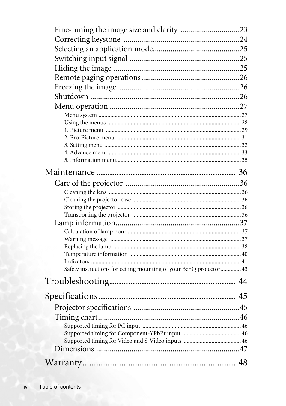 Maintenance, Troubleshooting specifications, Warranty | BenQ MP620p User Manual | Page 4 / 55