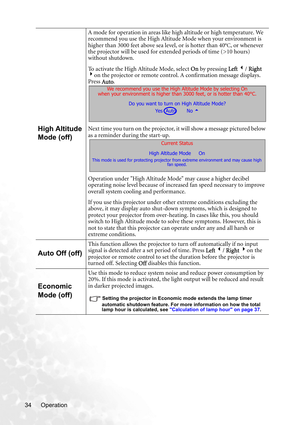 High altitude mode (off), Auto off (off), Economic mode (off) | BenQ MP620p User Manual | Page 40 / 55