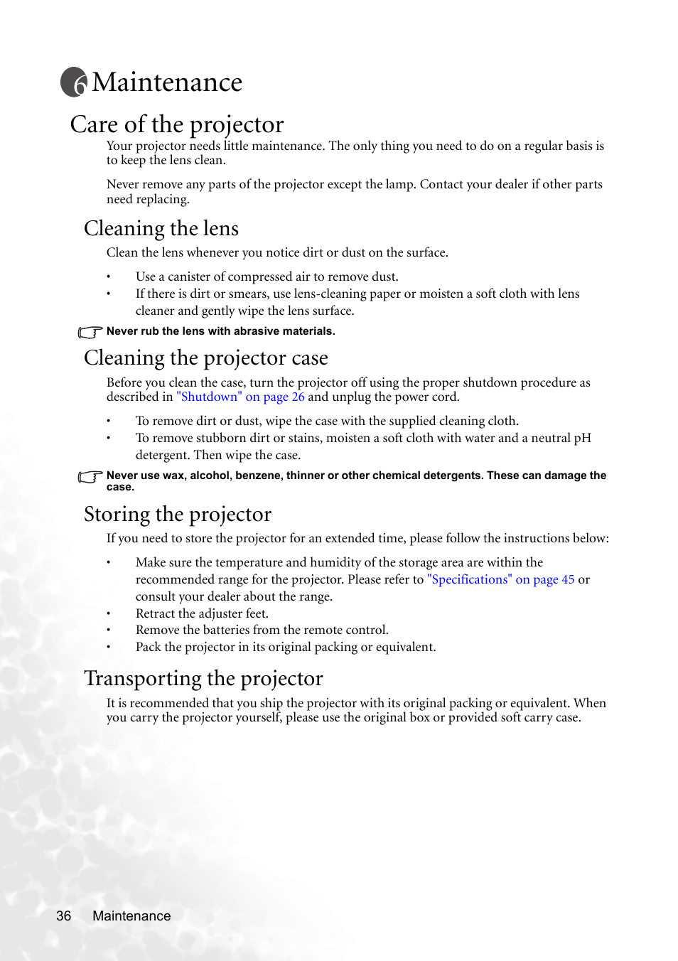 Maintenance, Care of the projector, Cleaning the lens | Cleaning the projector case, Storing the projector, Transporting the projector | BenQ MP620p User Manual | Page 42 / 55