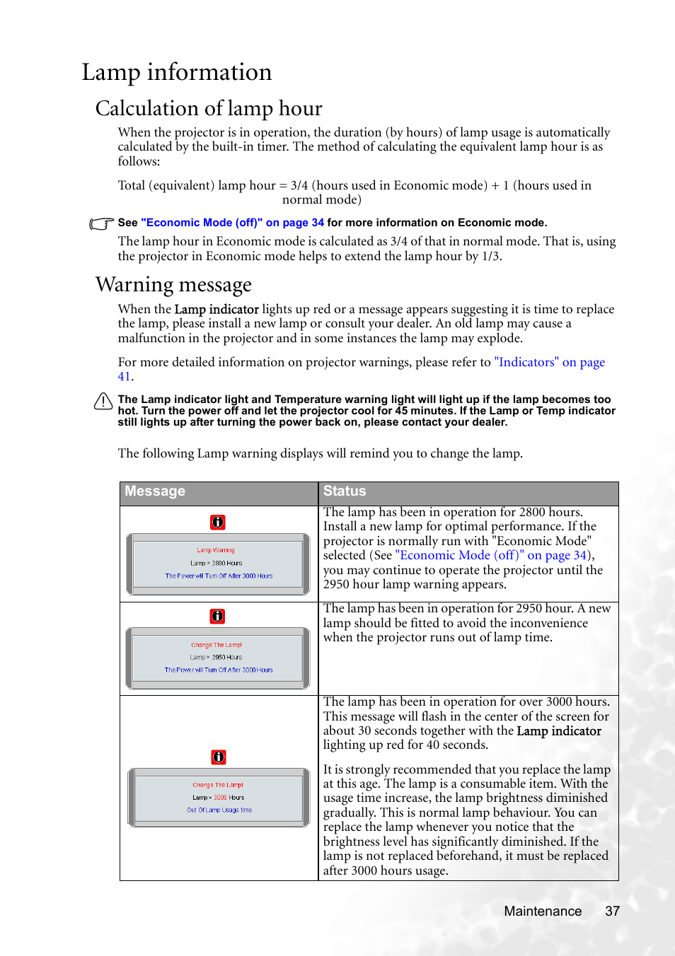 Lamp information, Calculation of lamp hour, Warning message | Calculation of lamp hour warning message | BenQ MP620p User Manual | Page 43 / 55