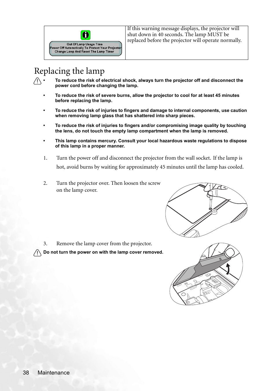 Replacing the lamp | BenQ MP620p User Manual | Page 44 / 55