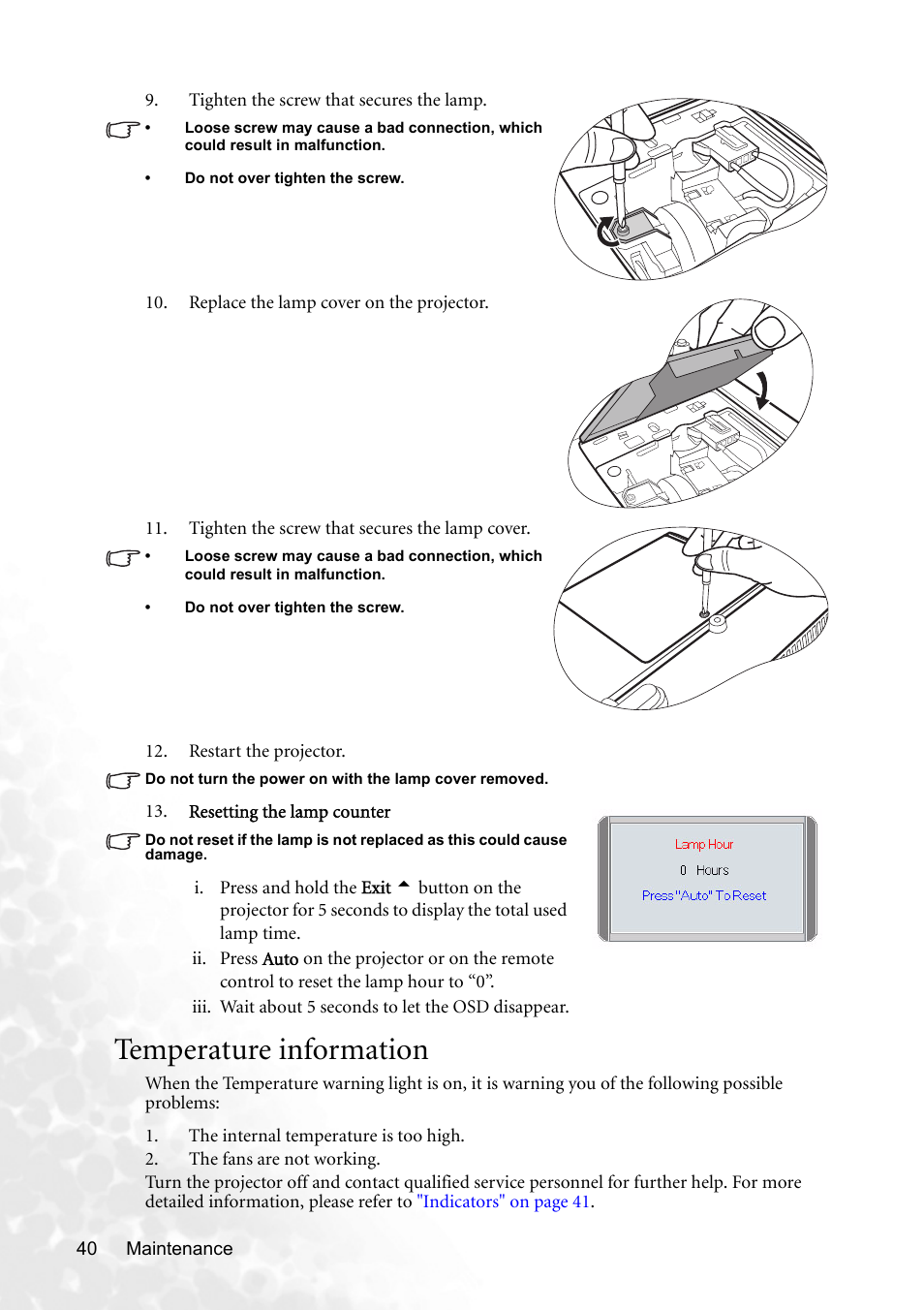 Temperature information | BenQ MP620p User Manual | Page 46 / 55