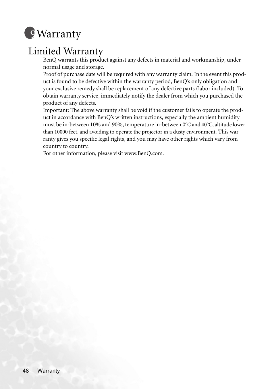 Warranty, Limited warranty | BenQ MP620p User Manual | Page 54 / 55