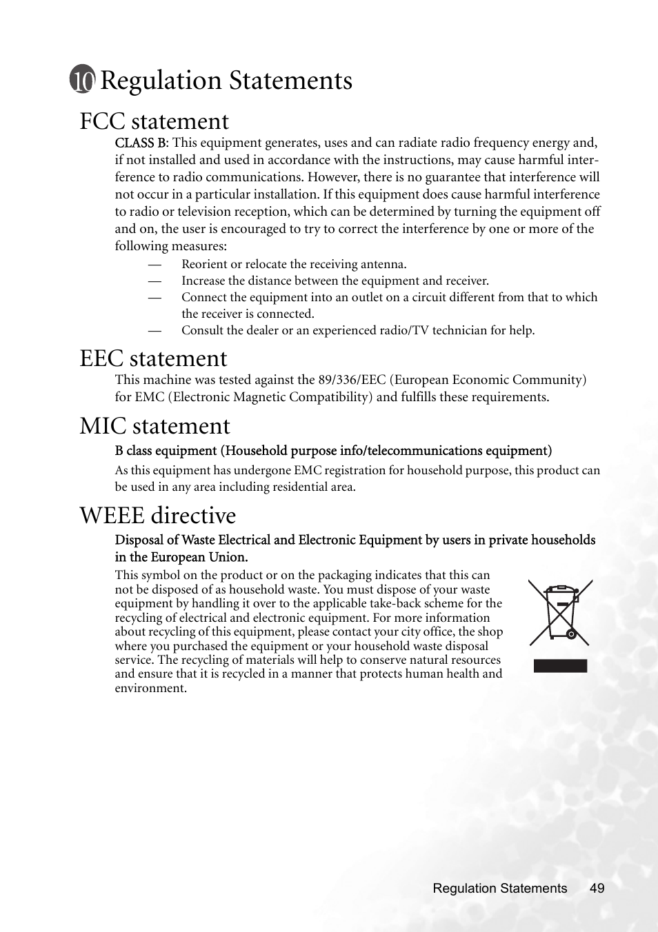 Regulation statements, Fcc statement, Eec statement | Mic statement, Weee directive | BenQ MP620p User Manual | Page 55 / 55